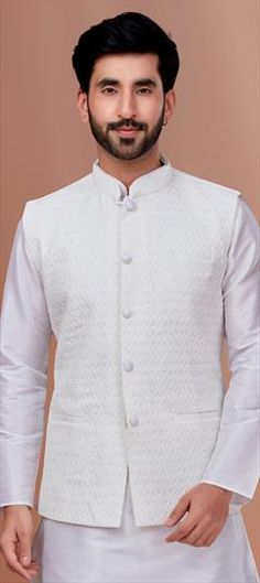 White and Off White color Nehru Jacket in Georgette fabric with Embroidered work Luxury White Nehru Jacket For Workwear, Koti Jacket, Nehru Jacket, Nehru Jackets, Georgette Fabric, Off White Color, White Color, Party Wear, Off White