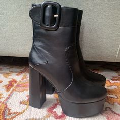 Size 9 Never Worn. Platform Black Spring Platform Boots With Buckle Closure And Round Toe, Black Heeled Boots With Buckle Closure And Round Toe, Spring Ankle-high Platform Boots With Buckle Closure, Spring Ankle-high Platform Boots With Buckle, Black Platform Heels For Fall, Black Closed Toe Platform Boots With Buckle, Black Closed Toe Platform Boots With Buckle Closure, Black Platform Boots With Buckle Closure, Black Platform Boots With Padded Heel For Spring