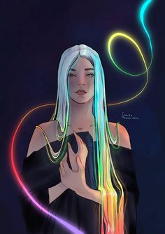 a digital painting of a woman with long white hair and neon lights around her neck