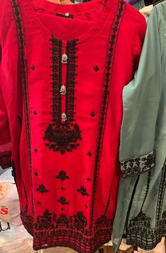 Add this statement to your wardrobe. Red or  green embroidery shirt. it is coordinated with plain pants. and embroidered dupatta. Elegant Red Lawn Suit With Intricate Embroidery, Red Unstitched Suit With Dabka For Festivals, Red Anarkali Lawn Suit With Resham Embroidery, Designer Red Embroidered Unstitched Suit, Designer Wear Red Embroidered Unstitched Suit, Festive Red Embroidered Lawn Suit, Red Intricately Embroidered Kurta For Party, Red Embroidered Kurta For Party, Party Unstitched Red Suit With Resham Embroidery