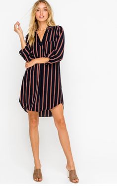 Striped Shirt Dress Navy Striped Shirt, Dress Bodice, Shirt Dress Outfit, Boho Pink, Striped Shirt Dress, Dress Shirt Sleeves, Striped Fabric, Midi Shirt Dress, Striped Fabrics