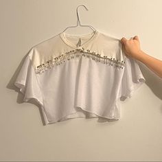 Brand New, Never Worn, Super Unique White Crew Neck Crop Top For Spring, White Crew Neck Crop Top For Beach, White Cropped Summer Tops, Jersey Top, Safety Pin, White Cream, Cream White, Womens Tops, Crop Tops