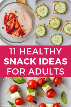 Small bowl with yogurt, plate of crackers with hummus and cucumber slices, and grape tomatoes and mozzarella cheese on toothpicks with basil leaves. Easy Snacks For Adults, Vegetarian Snack Ideas, Yogurt With Strawberries, Easy Healthy Cookies, Snack Ideas For Adults, Cucumber Hummus, Fingerfood Recipes, Quick And Easy Snacks, Snacks For Adults