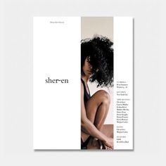 the front and back pages of sheren magazine, featuring an image of a woman with black hair