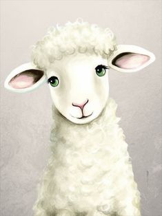 a painting of a sheep with green eyes