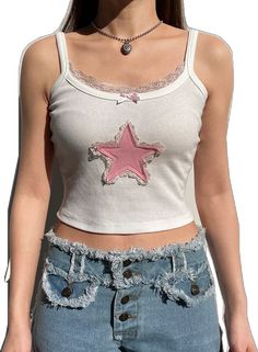 Fitted Star Print Summer Tops, Fitted Star Print Tops For Summer, Fitted Sleeveless Top With Star Print, Trendy Spring Star Print Top, Trendy Spring Top With Star Print, Fitted Star Print Y2k Top, Fitted Y2k Tops With Star Print, White Star Print Top For Summer, Cotton Summer Top With Star Print