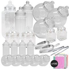 the baby bottles and utensils are all in clear plastic