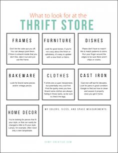 what to look for at the thrift store info sheet with text overlays