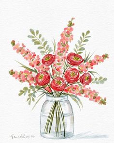 watercolor painting of red flowers in a mason jar with green leaves and pink flowers