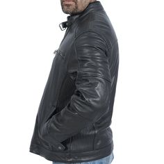 • 100% Sheep Leather• 100% Polyester Lining Inside• Long Sleeve with Button Cuffs• Fastening with Brass Zipper • Band Collar with Rib Knit Backing and Buckle fastening• One Zipped Pocket at the chest and two side hand warmer pockets• Three inside pockets• Dry Clean Only Long Sleeve Biker Leather Jacket For Outdoor, Winter Leather Jacket With Pockets For Biker Events, Winter Biker Jacket With Pockets For Biker Events, Winter Outdoor Biker Jacket With Ykk Zipper, Casual Biker Jacket With Padded Collar For Outdoor, Winter Biker Jacket With Padded Collar, Winter Biker Jacket For Outdoors, Urban Leather Jacket For Winter Biker Events, Winter Moto Biker Jacket With Padded Collar