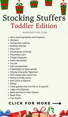 a list of christmas gifts for toddlers with the words stocking stuffer's