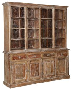 an old wooden bookcase with glass doors on the top and bottom shelf, isolated against a white background