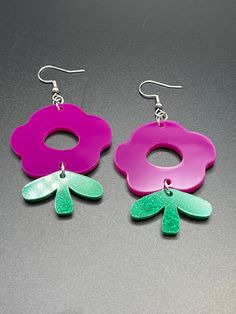 Trendy Green Flower-shaped Earrings, Green Dangle Flower Earrings For Party, Purple Flower-shaped Pierced Earrings, Purple Dangle Flower Earrings For Pierced Ears, Purple Dangle Earrings With Flower Charm, Trendy Green Dangle Flower Earrings, Trendy Green Flower Shaped Jewelry, Trendy Purple Flower Jewelry, Purple Flower Charm Earrings