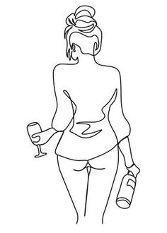 a line drawing of a woman holding a drink and looking down at the ground with her back to the camera