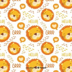 an animal pattern with the word hello grrr on it's face and two lions