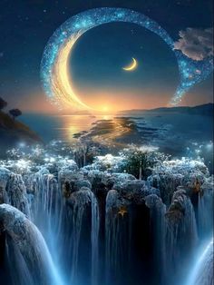 the moon and stars are in the sky above waterfalls with water flowing from them