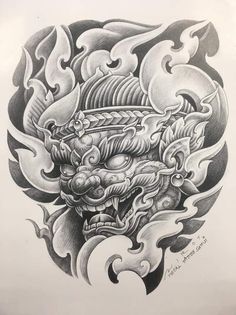 a drawing of a dragon head with clouds and waves in the background, on white paper