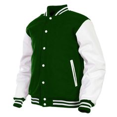 PRICES MAY VARY. *Please select size according to the listing image*The Classic Varsity Jacket is Crafted in a Superior Quality Wool Body and Top Quality Cowhide Leather Sleeves. *Polyester Quilted Lining, Keeping you Warm, even During the Coldest Days.*White Plastic Coated Metal Buttons on Front. All Possible Colours available, For same jacket in Women's and Kids sizing please visit our store here on amazon An Internal(included one mobile pocket) and Two External Side Pockets,Specially Treated Varsity Jacket Men, Green Jacket, Faux Leather Jackets