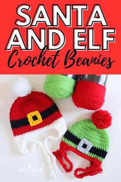 crocheted santa and elf hats with text overlay