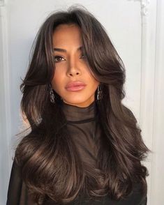 Chick Brunette Hair Blowout with Long Swooping Curtain Bangs