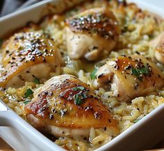 chicken and rice casserole in a white dish