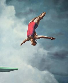 a painting of a man diving into the water