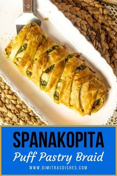 spinach and cheese puff pastry braid on a white plate with a serving knife next to it