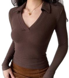 Fitted Ribbed Collared Top, Fitted Tops With Collared Neckline For Fall, Fitted Brown Tops With Seamless Collar, Stretch Long Sleeve Tops With Seamless Collar, Brown Long Sleeve Top With Ribbed Collar, Brown Collared Top For Fall, Green Details, Ribbed Fabric, Lapel Collar