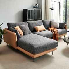 a living room filled with furniture and a plant in the corner on the floor next to it