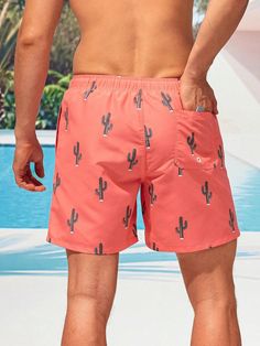 Add a touch of desert-inspired charm to your swimwear collection with our Cactus Printed Drawstring Waist Swim Trunks. These swim trunks feature a unique and eye-catching cactus print that will make you stand out by the pool or on the beach. The letter patch detail adds a playful element, making these swim trunks a stylish choice. Specification: Style: Boho Pattern Type: Plants, All Over Print Details: Patched, Drawstring Type: Bottoms Bottom Type: Shorts Fabric: Non-Stretch Composition: 100% Po Trendy Swim Trunks For Summer Beach, Trendy Summer Swim Trunks For Beach, Casual Swimwear With Palm Tree Print For Vacation, Casual Palm Tree Print Swimwear For Poolside, Summer Poolside Bottoms With Palm Tree Print, Summer Palm Tree Print Bottoms For Poolside, Casual Printed Swim Trunks For Vacation, Casual Printed Swimwear For Vacation, Casual Printed Swimwear For Beach Party