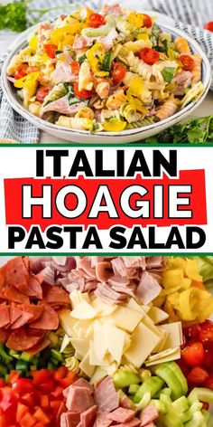 italian hoagie pasta salad with ham, tomatoes and lettuce on it