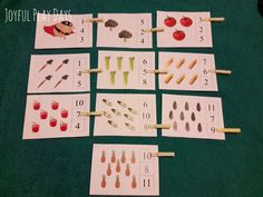 several pictures of different fruits and vegetables on clothes pins with numbers to 10 in them