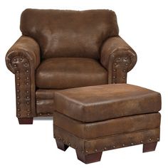 a brown leather chair and foot stool