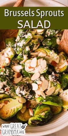 brussel sprouts salad with almonds and parsley in a white bowl