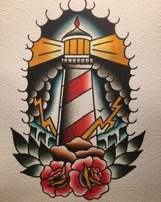 a drawing of a lighthouse with roses on it