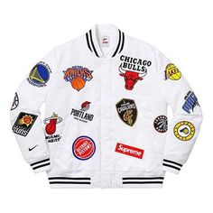 Supreme x Nike x NBA Teams Warm-Up Jacket 'White Multi-Color' SUP-SS18-788 White Varsity Jacket With Embroidered Logo For Streetwear, Fall White Outerwear With Embroidered Logo, White Varsity Outerwear With Embroidered Logo, Winter White Varsity Jacket With Ribbed Cuffs, White Varsity Jacket With Embroidered Logo, White College Track Jacket, White Streetwear Outerwear With Embroidered Logo, White Varsity Jacket With Embroidered Logo For College, White Urban Varsity Jacket For Sports