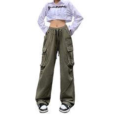 PRICES MAY VARY. Cargo pants women are made of full cotton, the fabric is soft, breathable and skin-friendly, both trendy and comfortable. Y2k pants features multi-pocket, elastic waist with drawstring and solid color. The combination of Harajuku style and y2k style parachute pants makes you instantly attract attention. Cargo pants women baggy y2k suitable for spring, summer, autumn and winter can be easy-matching with vest, tank top, crop top, tee-shirt, hoodie, sweatshirt, or jacket you like. Carbo Pants Women, Cargo Pants Wome, Cheap Y2k Streetwear Vest, Green Baggy Cargo Pants Women, Cheap Trendy High-waisted Cargo Jeans, Cheap Solid Color Streetwear Bottoms, Casual Cheap Vest For Streetwear, Cheap Green Pants For Streetwear, Cheap Y2k Style Wide Leg Cargo Pants