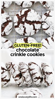 chocolate crinkle cookies on a cooling rack with the words gluten - free