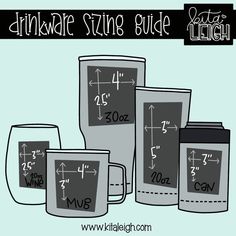 three mugs are shown with the words drinkware string guide written on them