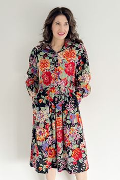 🌸 VINTAGE LIBERTY LONDON SHIRT DRESS IN BOLD FLORAL PRINT WITH POCKETS 🌸 Featuring a bold floral print and convenient pockets, this shirt dress is a versatile addition to your wardrobe. Crafted in wool and boasting a flattering fit-and-flare silhouette, it's perfect for wearing throughout the seasons. Whether you're dressing up for a special occasion or keeping it casual for everyday wear, this dress offers endless styling possibilities.  **WELCOME TO SEASONALLY DRESSED** BRAND ~ LIBERTY LONDO Liberty Floral, Winter Wedding Guest Dress, Large Floral Print, London Dress, Bold Floral Print, Navy Floral Dress, Liberty London, Red Floral Dress, London Dresses