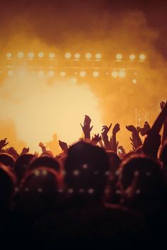 a crowd of people at a concert with their hands up in the air and lights behind them