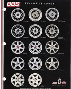 an advertisement for various wheels and rims on a black background with red trimming