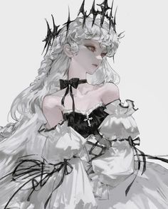 a drawing of a woman in a white dress with spikes on it's head