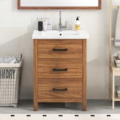 a bathroom vanity with a mirror above it and a trash can next to the sink