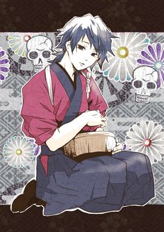 an anime character with blue hair sitting on a bench in front of skulls and flowers