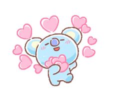 a cartoon koala bear with hearts floating around it's head and arms, in the air