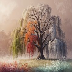 an artistic painting of a tree in the middle of a field with mist and water