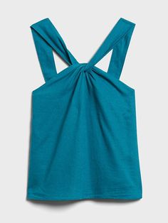 Linen-Blend Twisted Halter Top | Banana Republic Versatile Halter Neck Tank Top For Beach, Chic Cross Back Top With Tie Detail, Chic Cross Back Tie Back Top, Summer Halter Top With Crisscross Straps And Cross Back, Chic Spring Halter Top With Cross Back, Versatile Halter Neck Top For Vacation, Casual Stretch Halter Top With Cross Back, Chic Tops With Knotted Straps For Vacation, Chic Vacation Tops With Knotted Straps