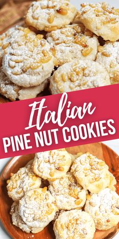 italian pine nut cookies with powdered sugar on top and the title overlay reads italian pine nut cookies