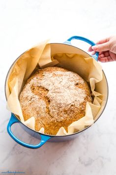 a person holding a blue handled spatula over a cake in a pan